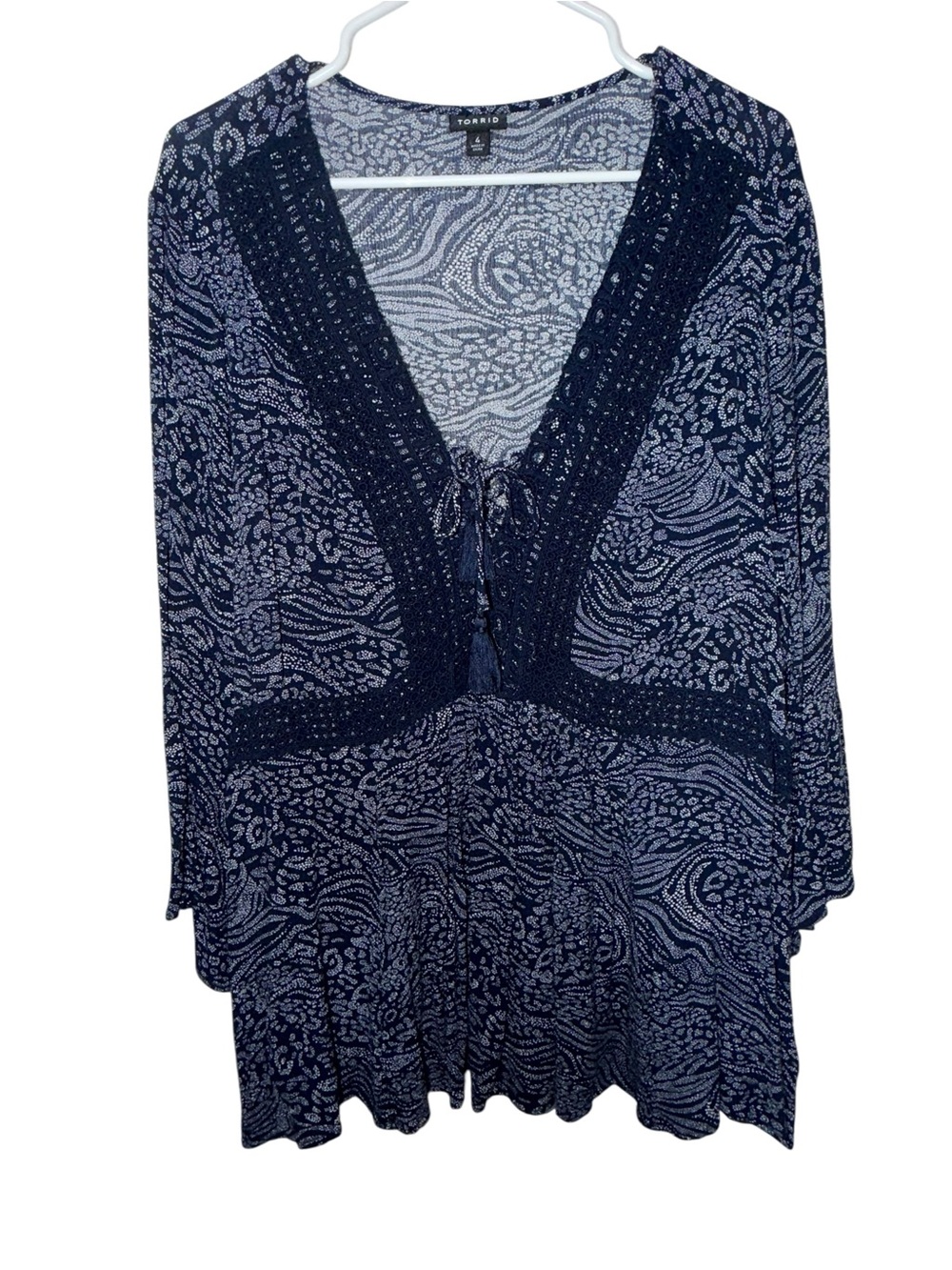 torrid Navy and Light Blue Patterned V-Neck Tunic with Tie